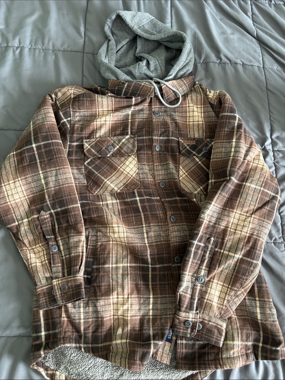 NWT Men's Smith’s Brown Plaid Hooded Sherpa lined Flannel Jacket L